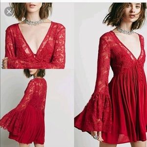 Bell sleeve, free people red lace dress